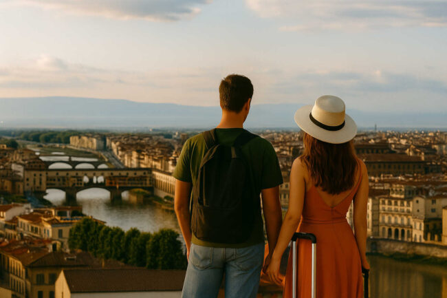 boy and girl holding hands against the backdrop of Florence
