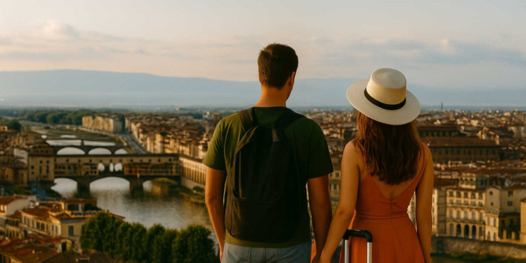 boy and girl holding hands against the backdrop of Florence