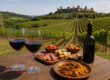 A table in the foreground with two glasses of red wine, a plate of pappardelle with ragù, and a platter of cured meats and cold cuts. A vineyard and Tuscan landscape in the background.