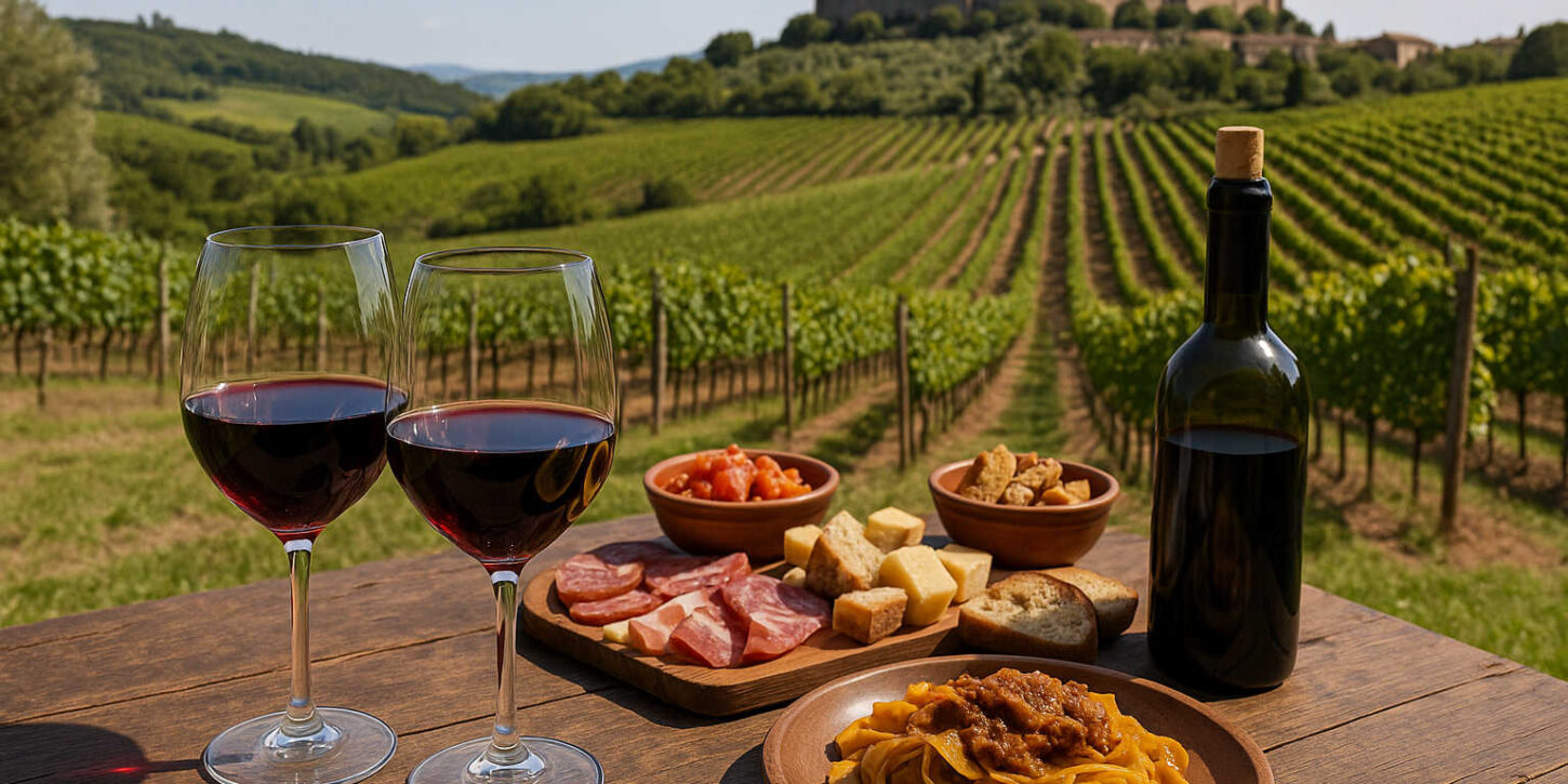 A table in the foreground with two glasses of red wine, a plate of pappardelle with ragù, and a platter of cured meats and cold cuts. A vineyard and Tuscan landscape in the background.