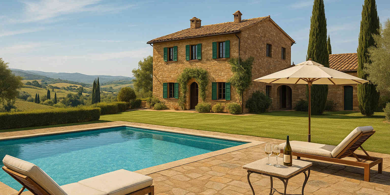 villa in toscana con piscina, sdraio e tavolino con bottiglia e due bicchieri
