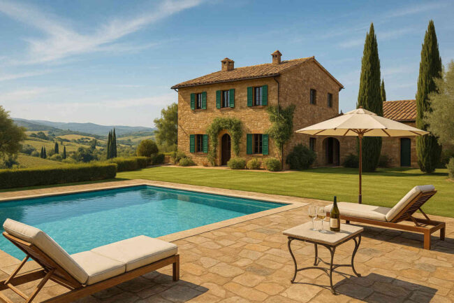 villa in toscana con piscina, sdraio e tavolino con bottiglia e due bicchieri
