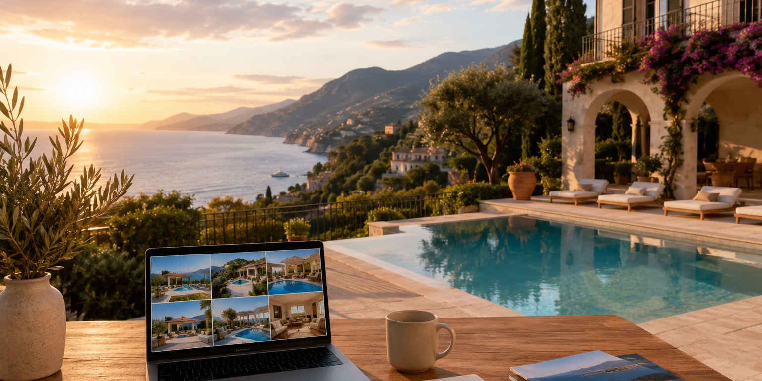 Luxury villa with swimming pool overlooking the Italian coast, representing professional short-term rental management services for premium holiday properties by Geco Vacation Rentals.