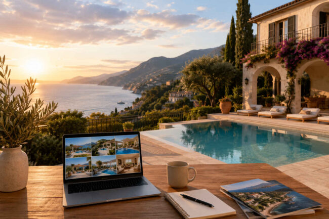 Luxury villa with swimming pool overlooking the Italian coast, representing professional short-term rental management services for premium holiday properties by Geco Vacation Rentals.